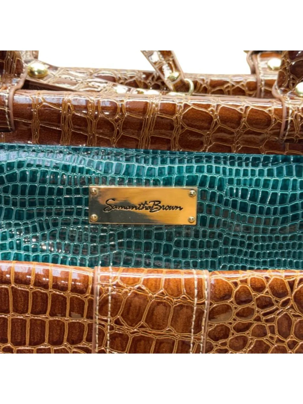 Samantha Brown Women’s Teal & Brown Croc Embossed Lining Dual Handles Travel Bag